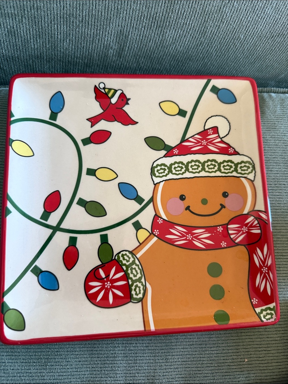 Temp-Tations Gingerbread Platter with Red Trim and Multicolor Lights